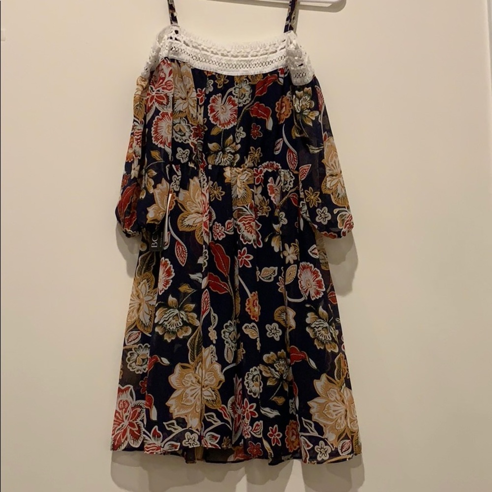 Navy Blue Floral Lace Off The Shoulder Dress